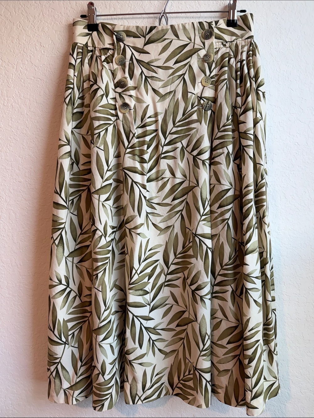 Vintage Evan Picone Olive Leaf-Print A-Line Pleated Skirt - Needs Repair